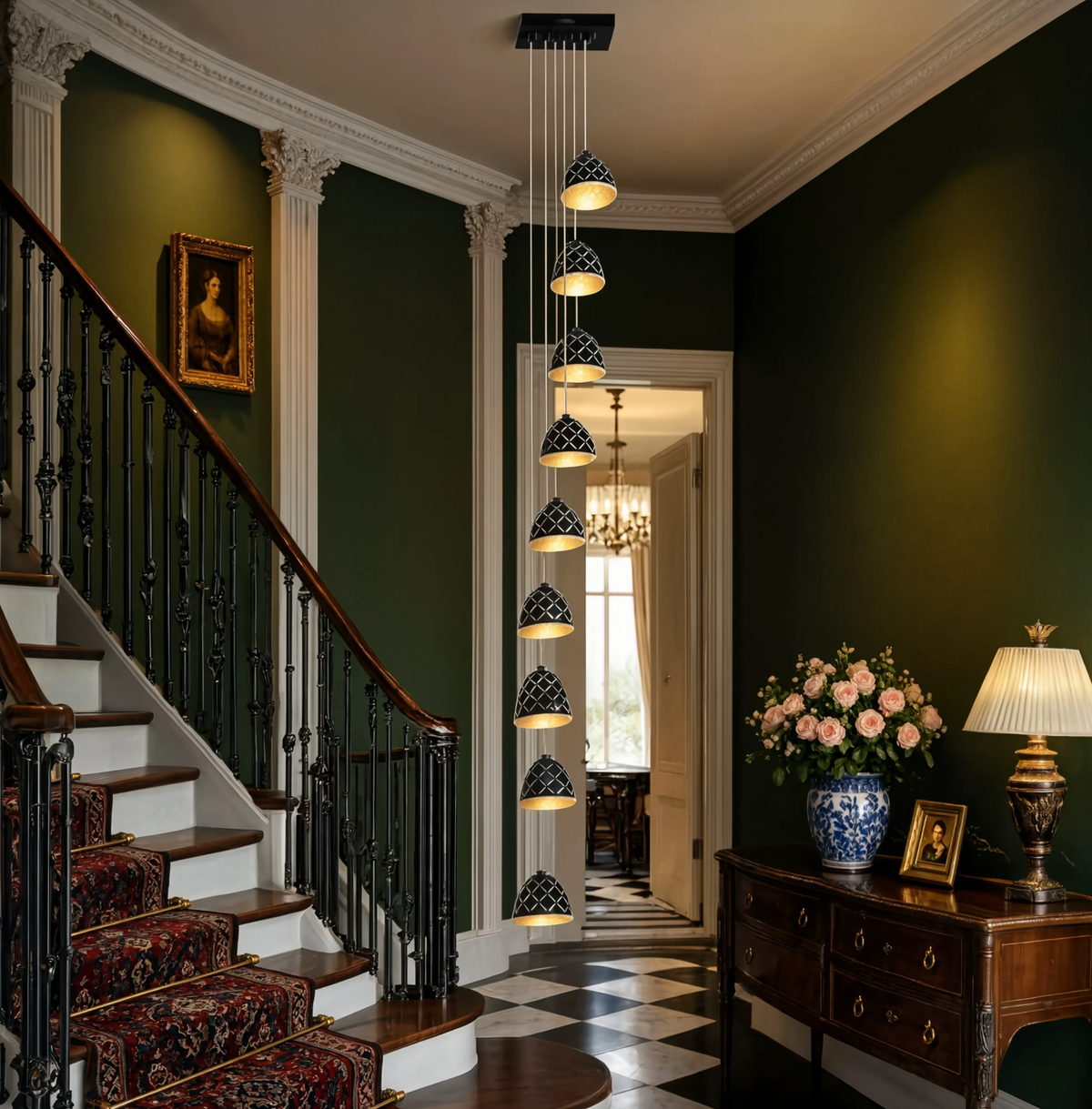 Black 10-Light Staircase Chandelier | Dimmable LED Remote