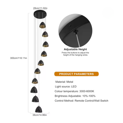 Black 10-Light Staircase Chandelier | Dimmable LED Remote