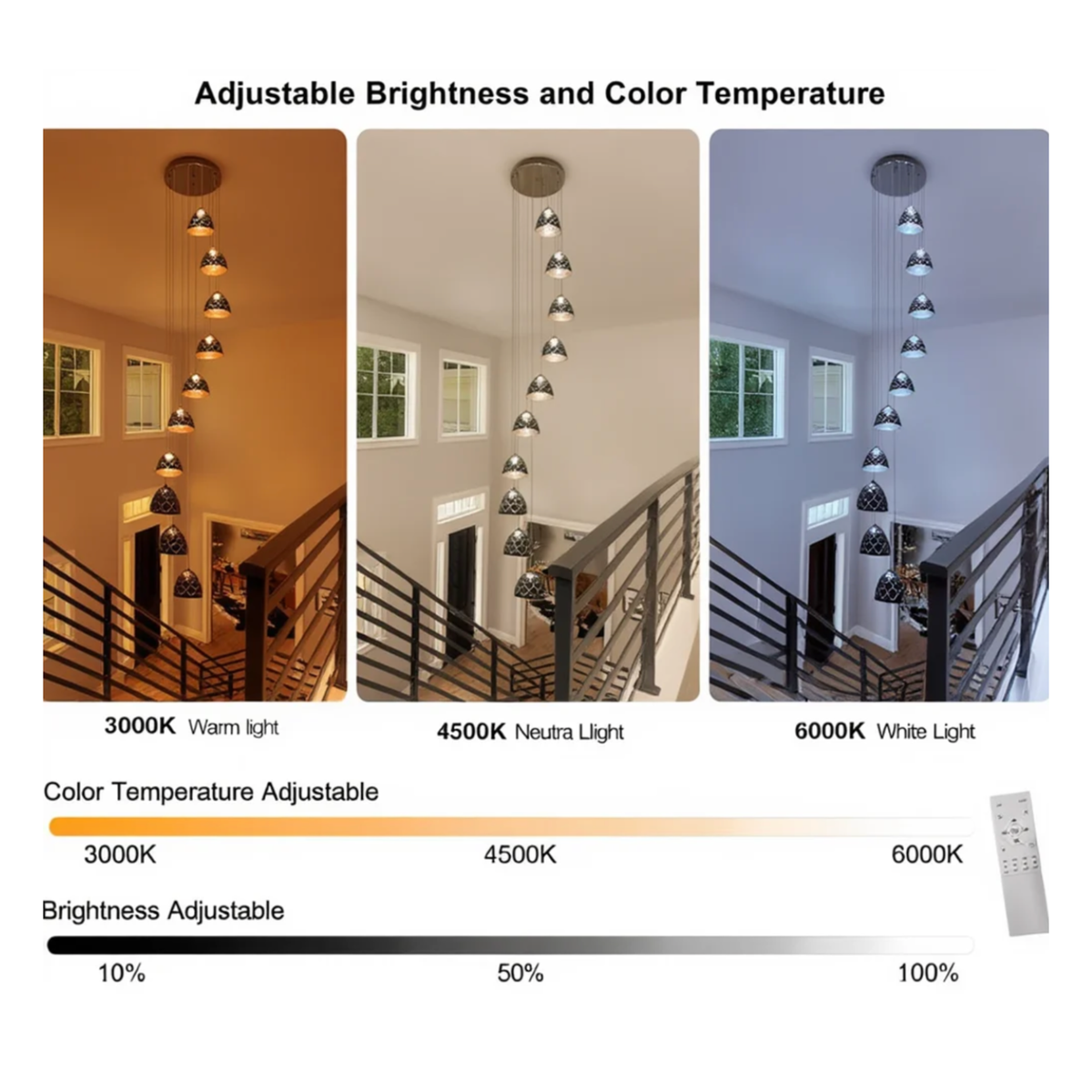 Black 10-Light Staircase Chandelier | Dimmable LED Remote