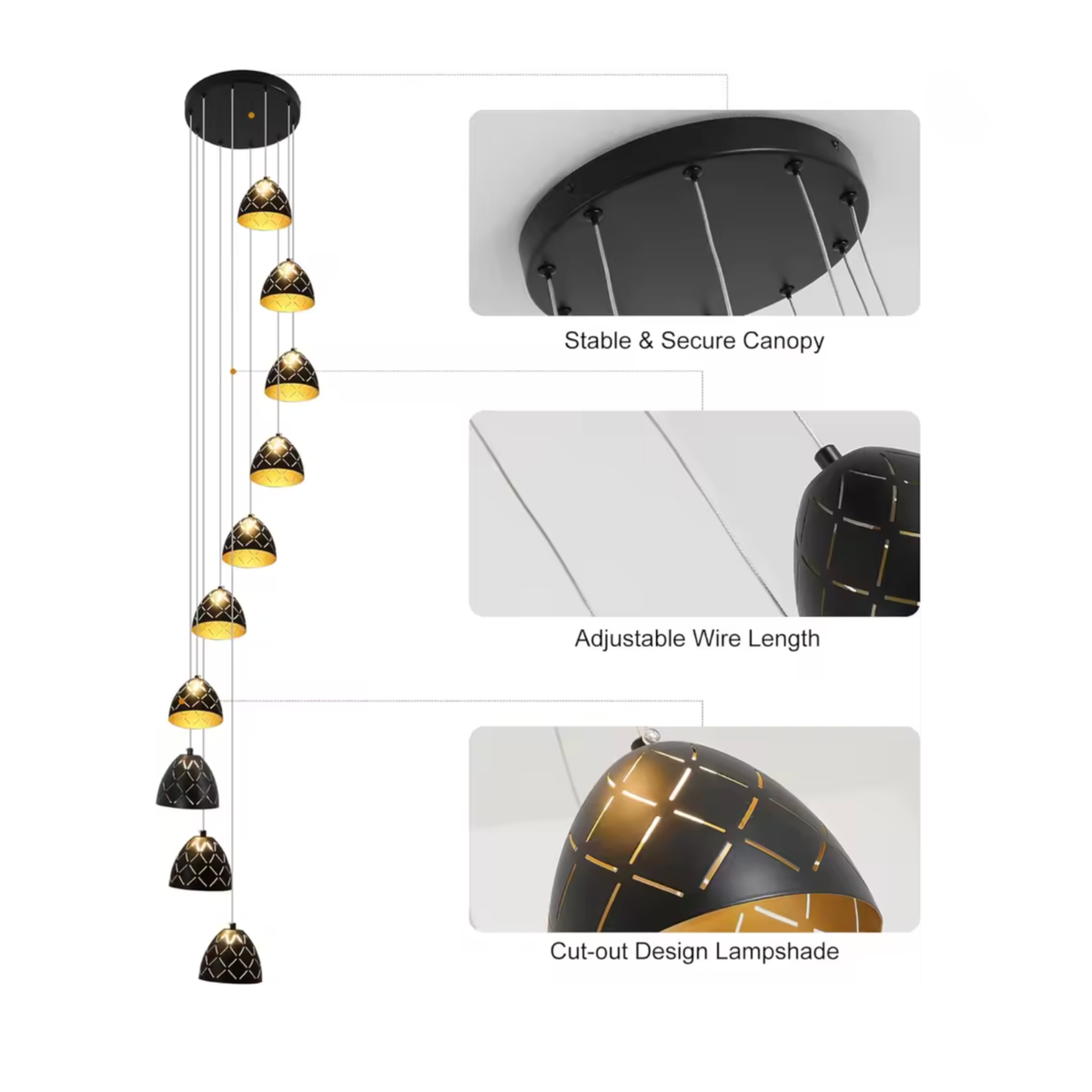 Black 10-Light Staircase Chandelier | Dimmable LED Remote