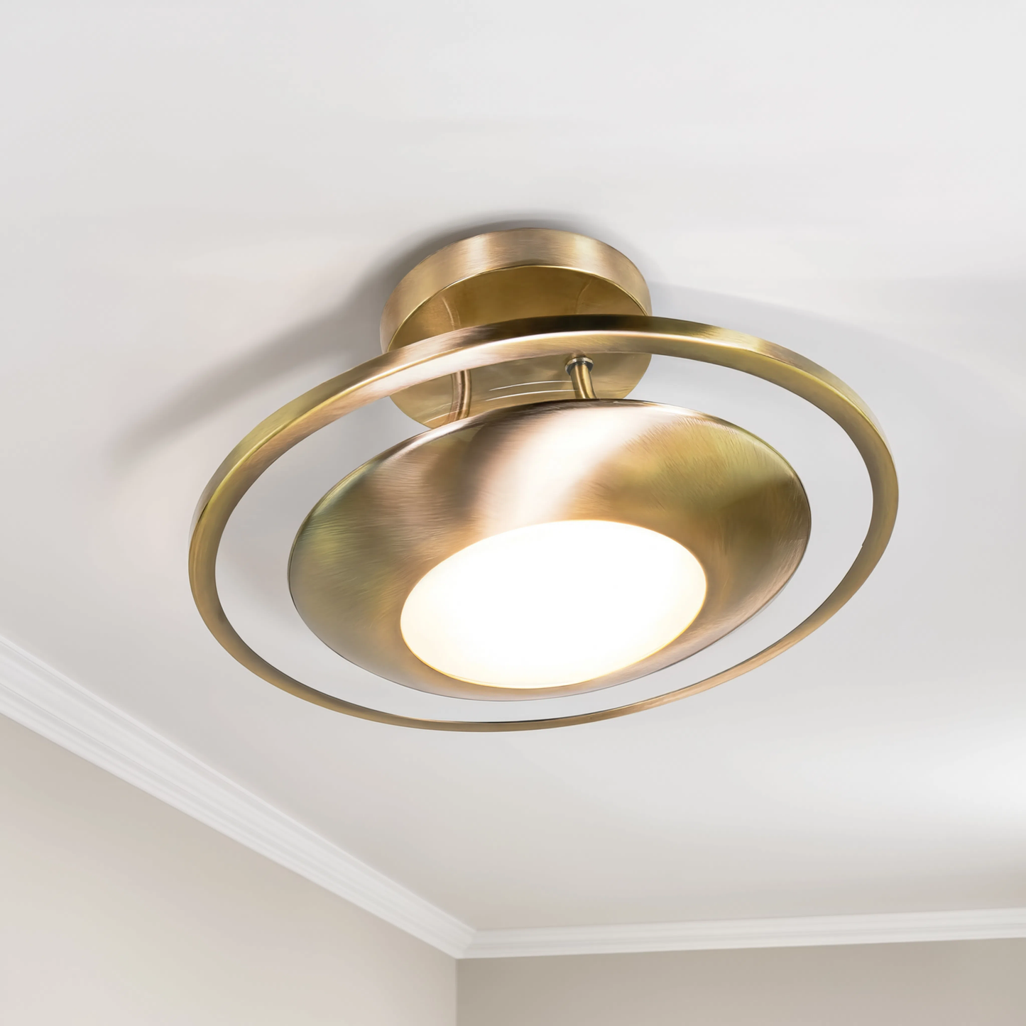 Antique Brass Semi Flush LED Ceiling Light Opal Glass