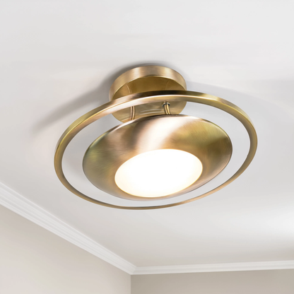 Antique Brass Semi Flush LED Ceiling Light Opal Glass