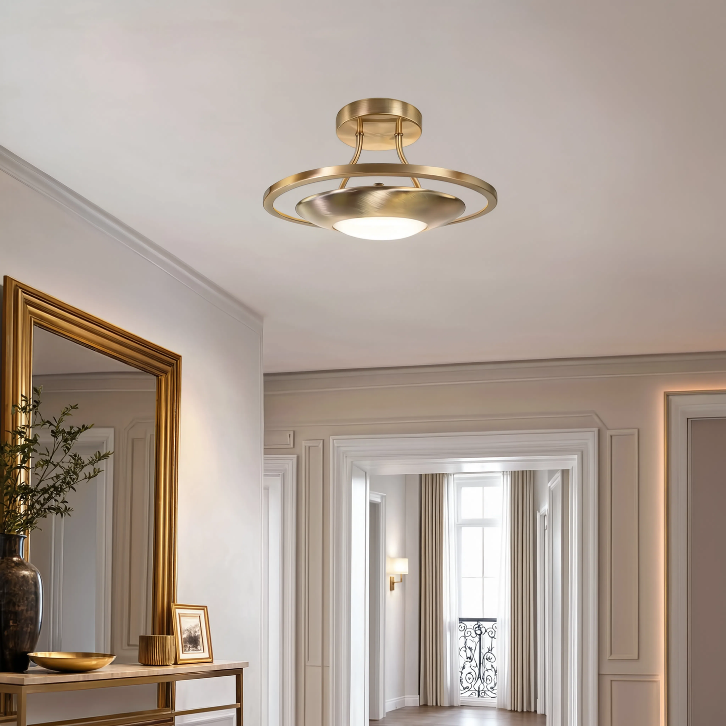 Antique Brass Semi Flush LED Ceiling Light Opal Glass