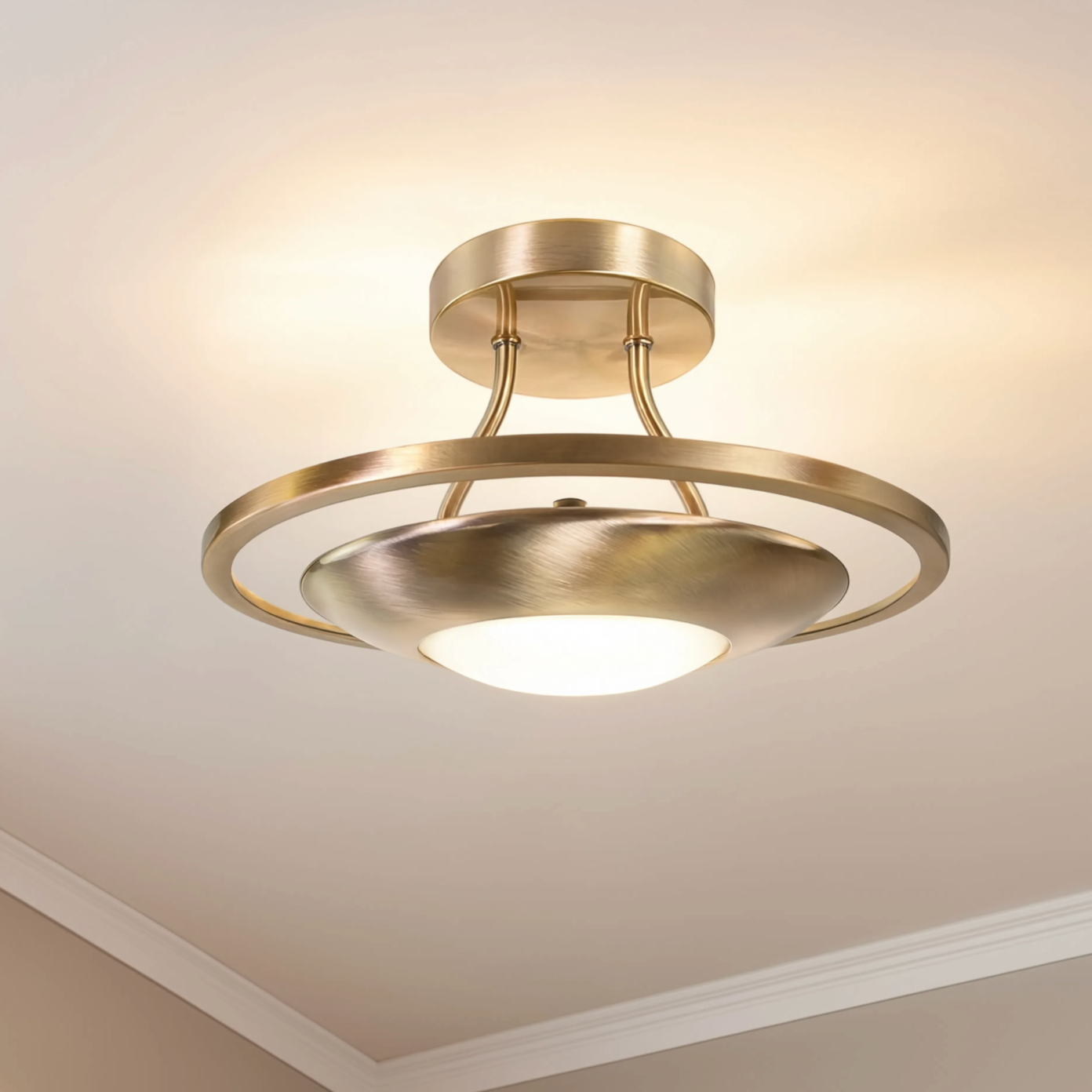 Antique Brass Semi Flush LED Ceiling Light Opal Glass