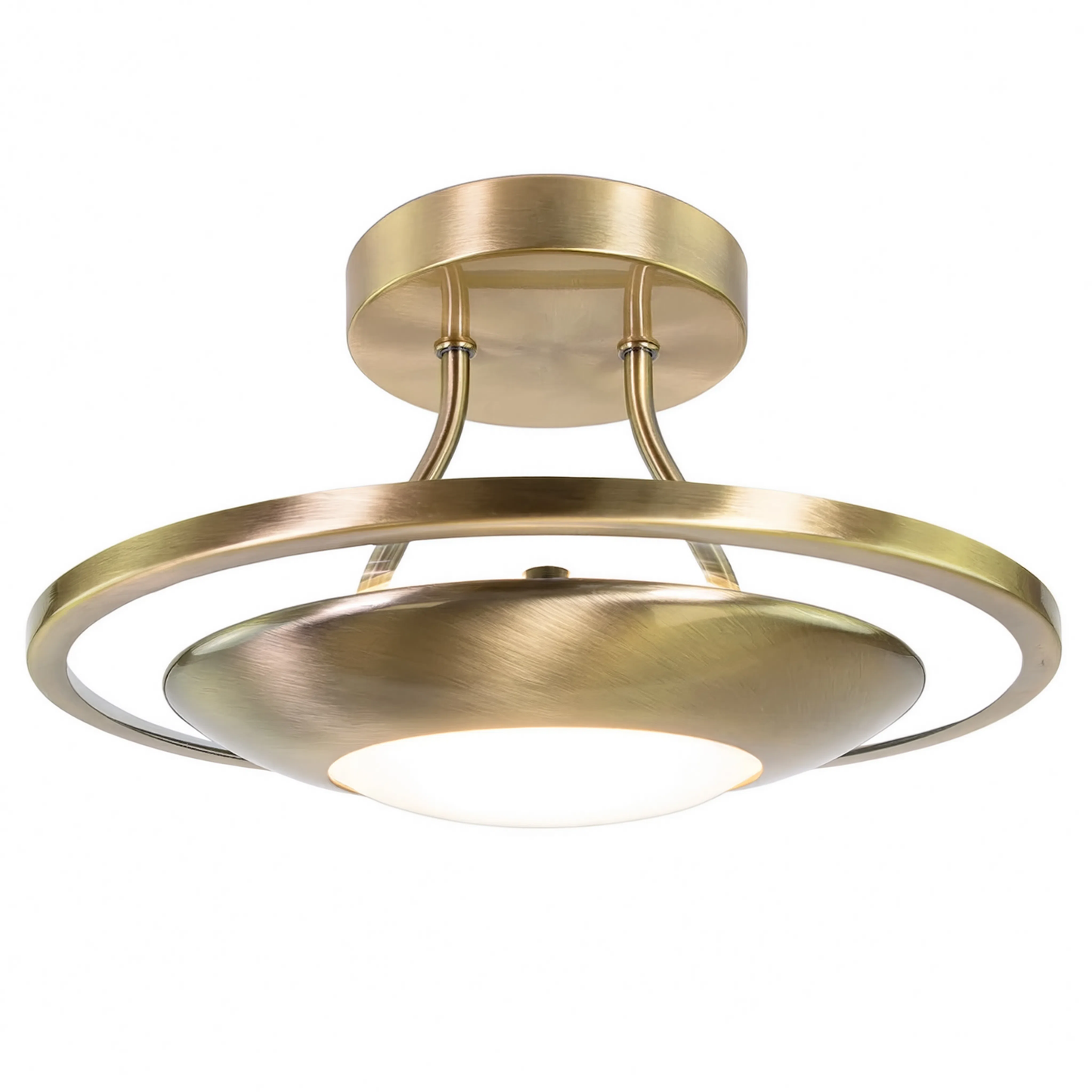 Antique Brass Semi Flush LED Ceiling Light Opal Glass