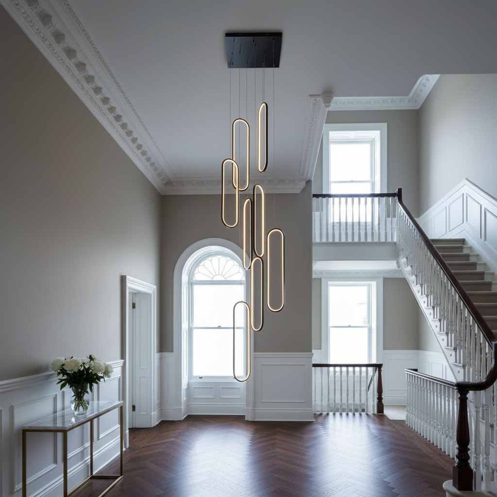 Black 8-Light Staircase Chandelier | Dimmable LED | App Control