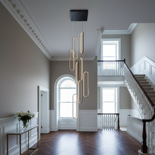 Black 8-Light Staircase Chandelier | Dimmable LED | App Control
