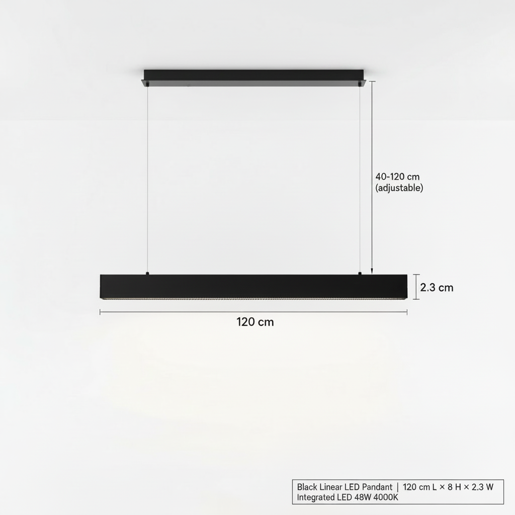 Black Linear LED Pendant Light 120cm | Kitchen Island | 48W