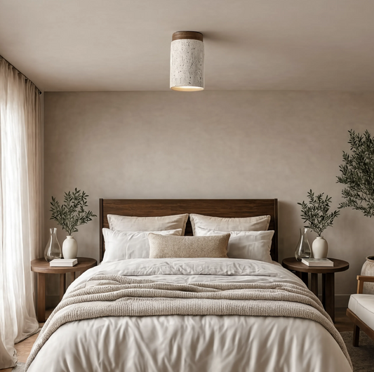 Travertine & Walnut Wood Tall Round Ceiling Light