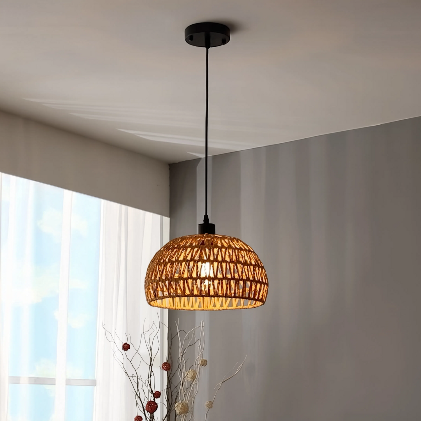 Farmhouse Rattan Pendant Light Boho Dome Shade
