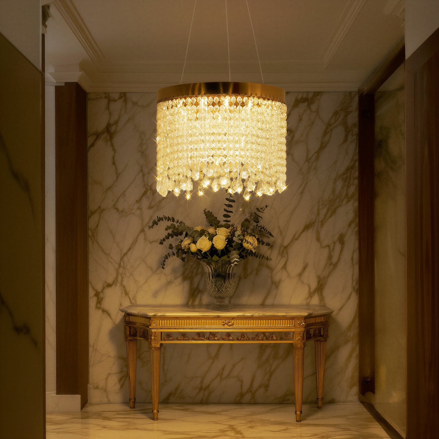 Gold Drum Crystal Pendant Chandelier | Integrated LED