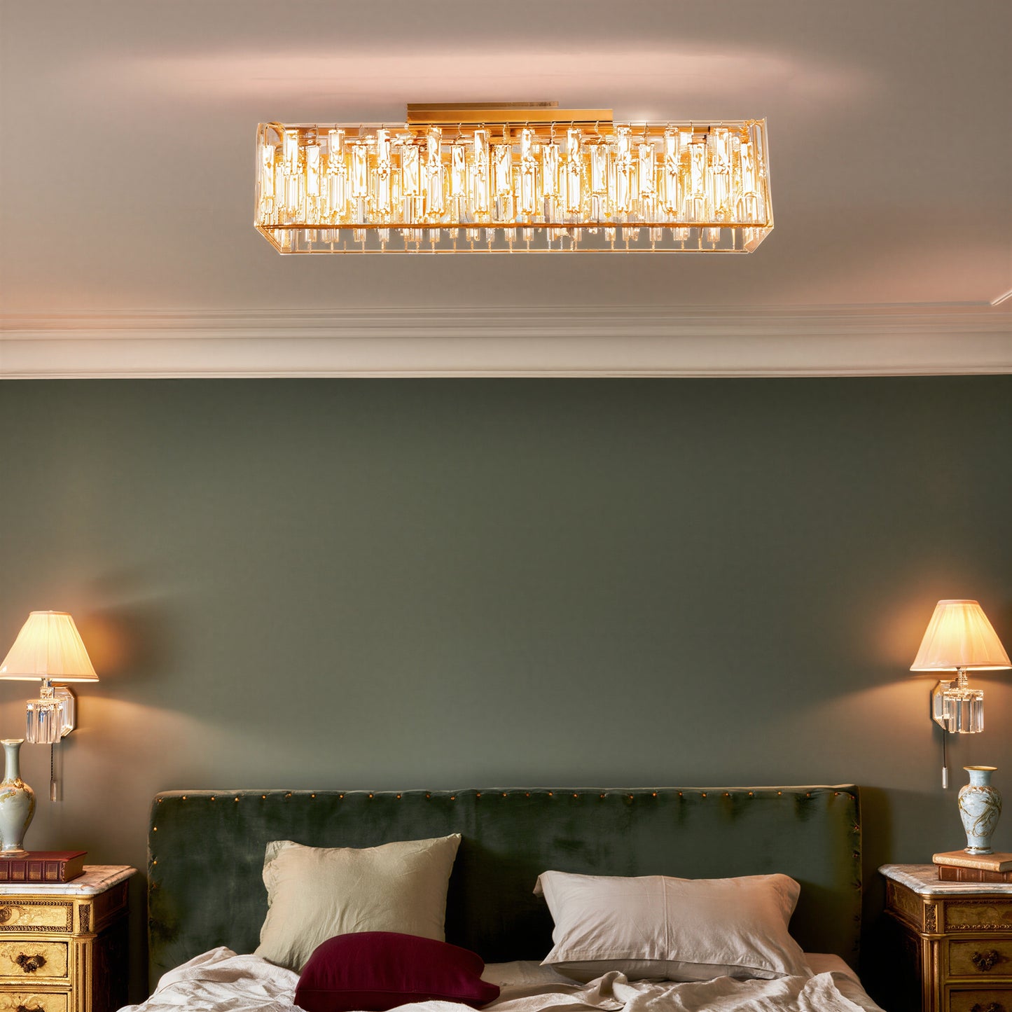 Gold Rectangular Crystal Ceiling Light
