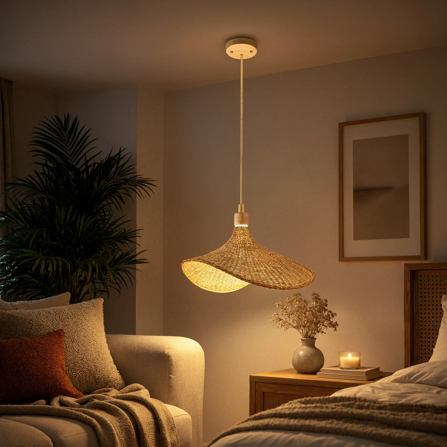 Large leaf woven bamboo pendant light | Wooden base