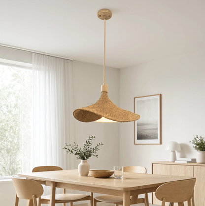 Large leaf woven bamboo pendant light | Wooden base