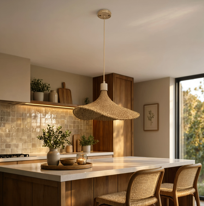 Large leaf woven bamboo pendant light | Wooden base
