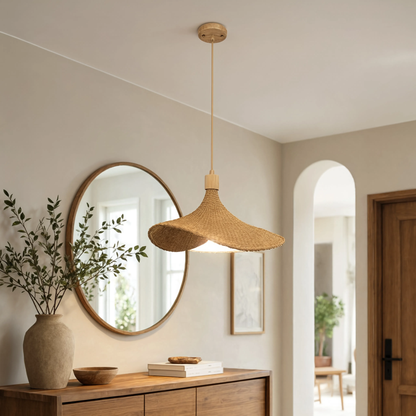 Large leaf woven bamboo pendant light | Wooden base