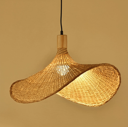 Large leaf woven bamboo pendant light | Wooden base