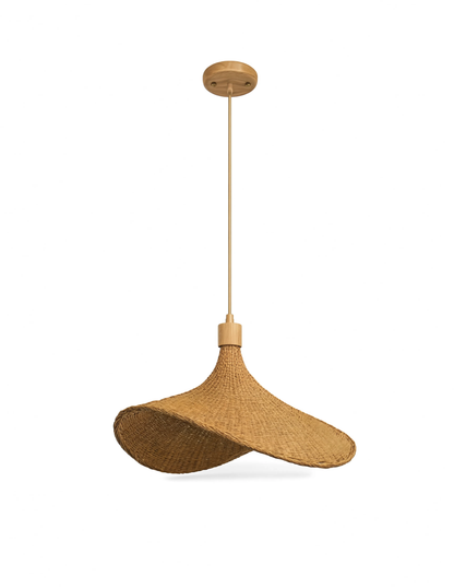 Large leaf woven bamboo pendant light | Wooden base