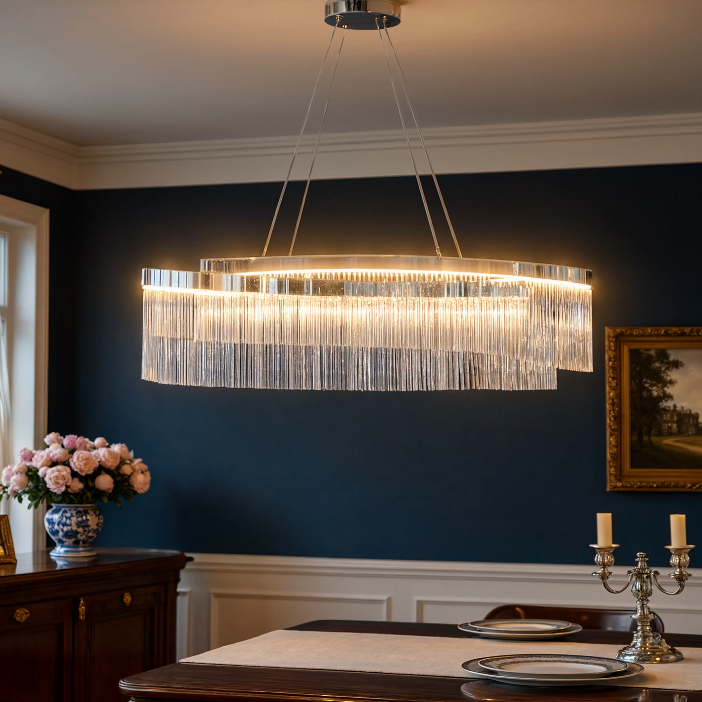 Chrome Tassel LED Pendant Light Rectangular