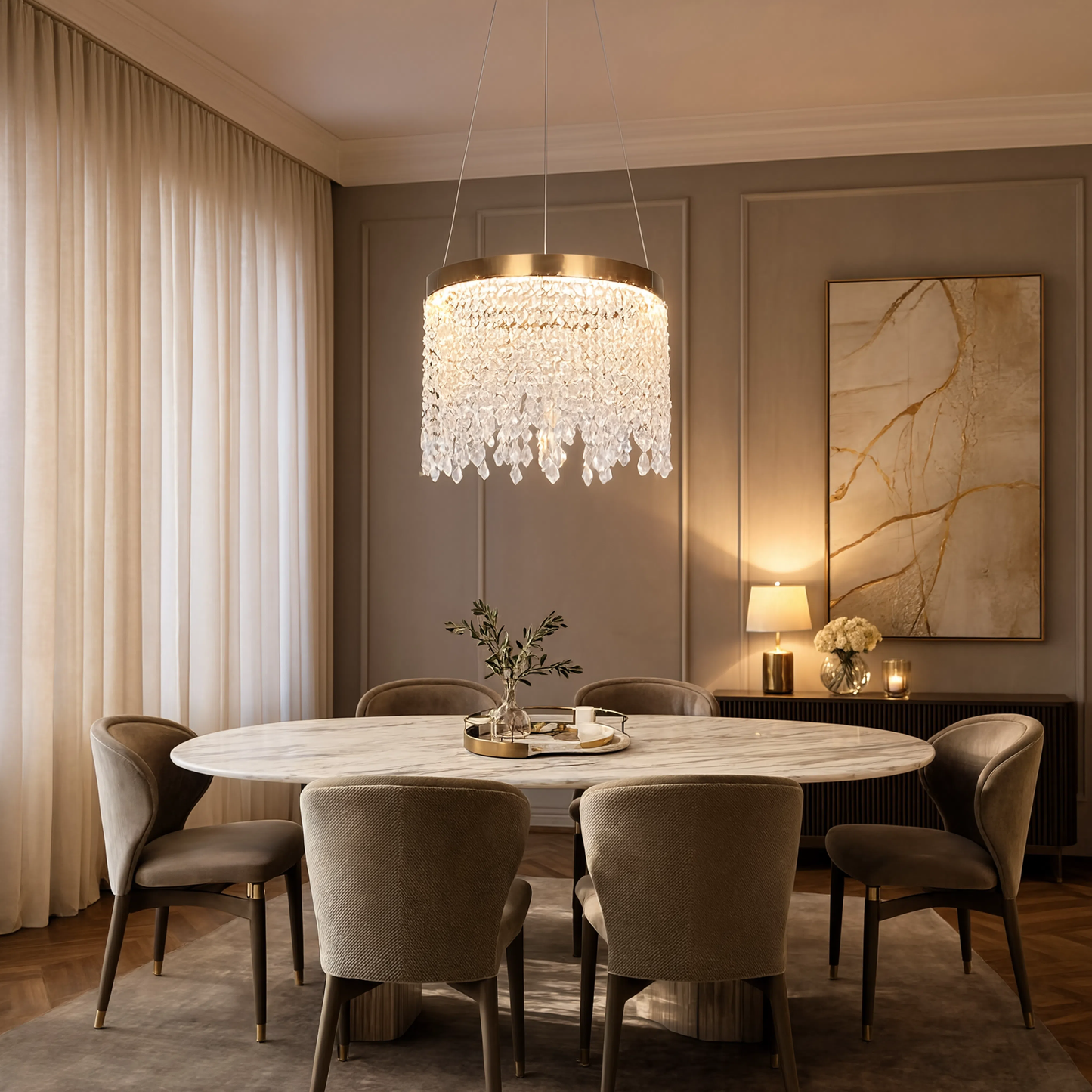 Gold Drum Crystal Pendant Chandelier | Integrated LED
