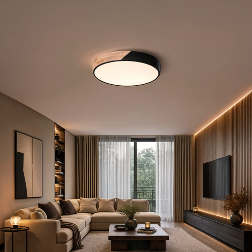 Modern Round LED Ceiling Light Remote Control Wood & Acrylic