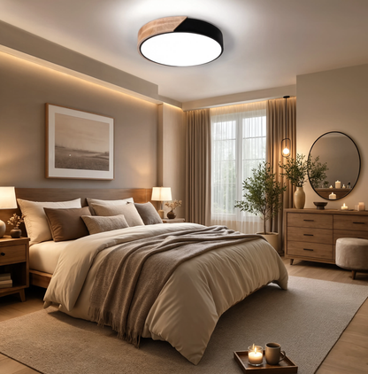 Modern Round LED Ceiling Light Remote Control Wood & Acrylic