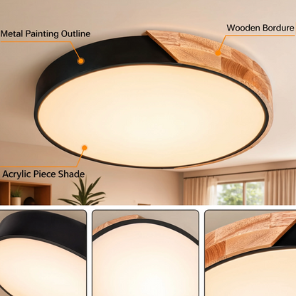 Modern Round LED Ceiling Light Remote Control Wood & Acrylic