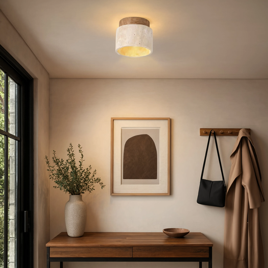 Travertine & Wood Round LED Ceiling Light