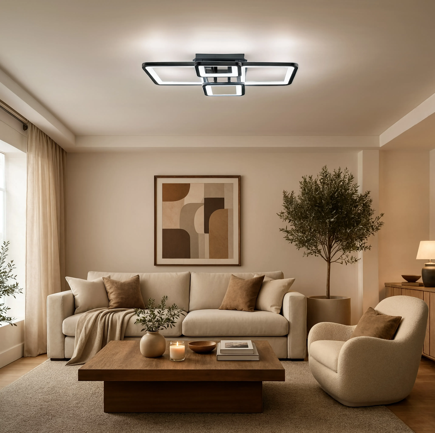 Black Square Frame LED Ceiling Light Remote Dimmable