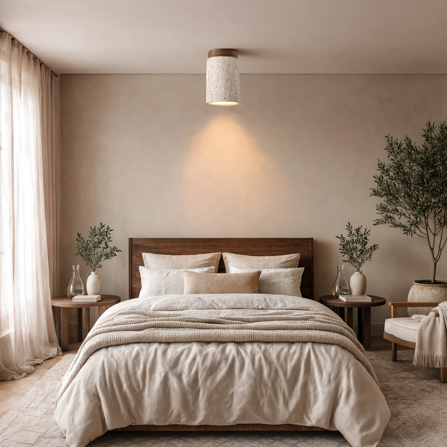 Travertine & Walnut Wood Tall Round Ceiling Light | Lunalight