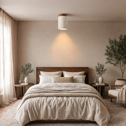 Travertine & Walnut Wood Tall Round Ceiling Light | Lunalight