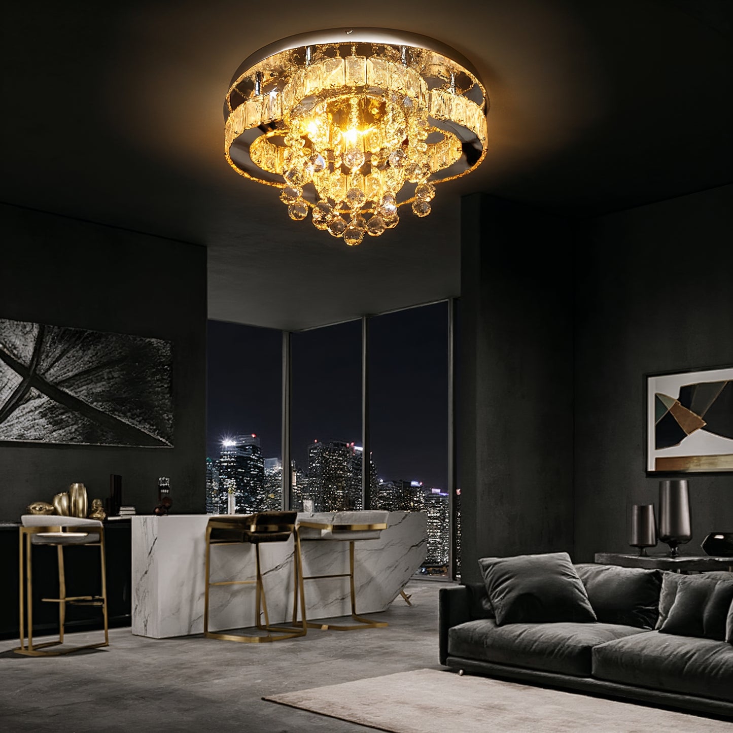 Chrome Crystal Flush Ceiling Light 40cm | Lunalight