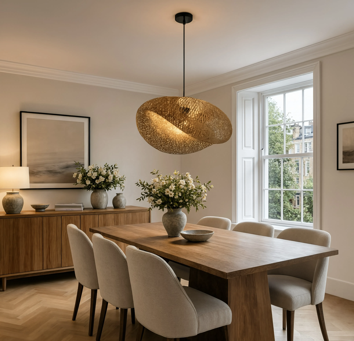 Sculptural Braided Bamboo Pendant Light Black Base