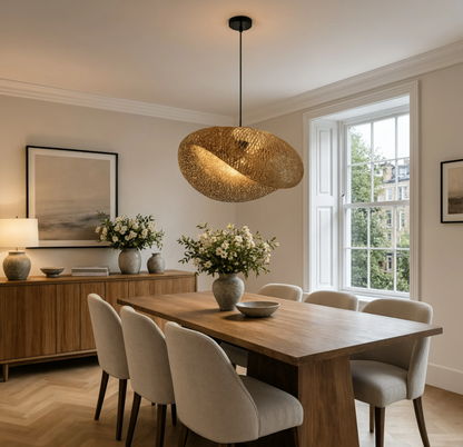 Sculptural Braided Bamboo Pendant Light Black Base