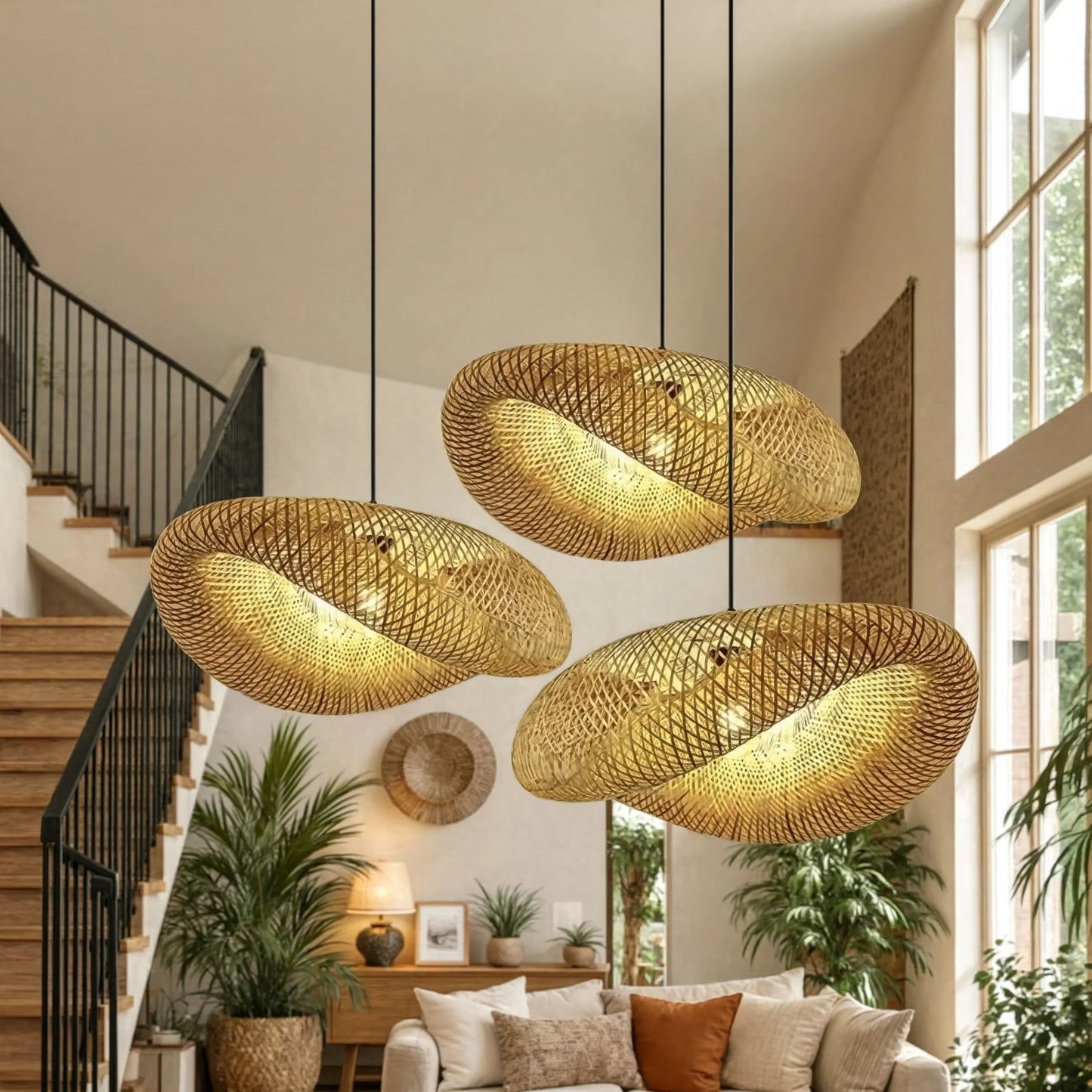 Sculptural Braided Bamboo Pendant Light Black Base