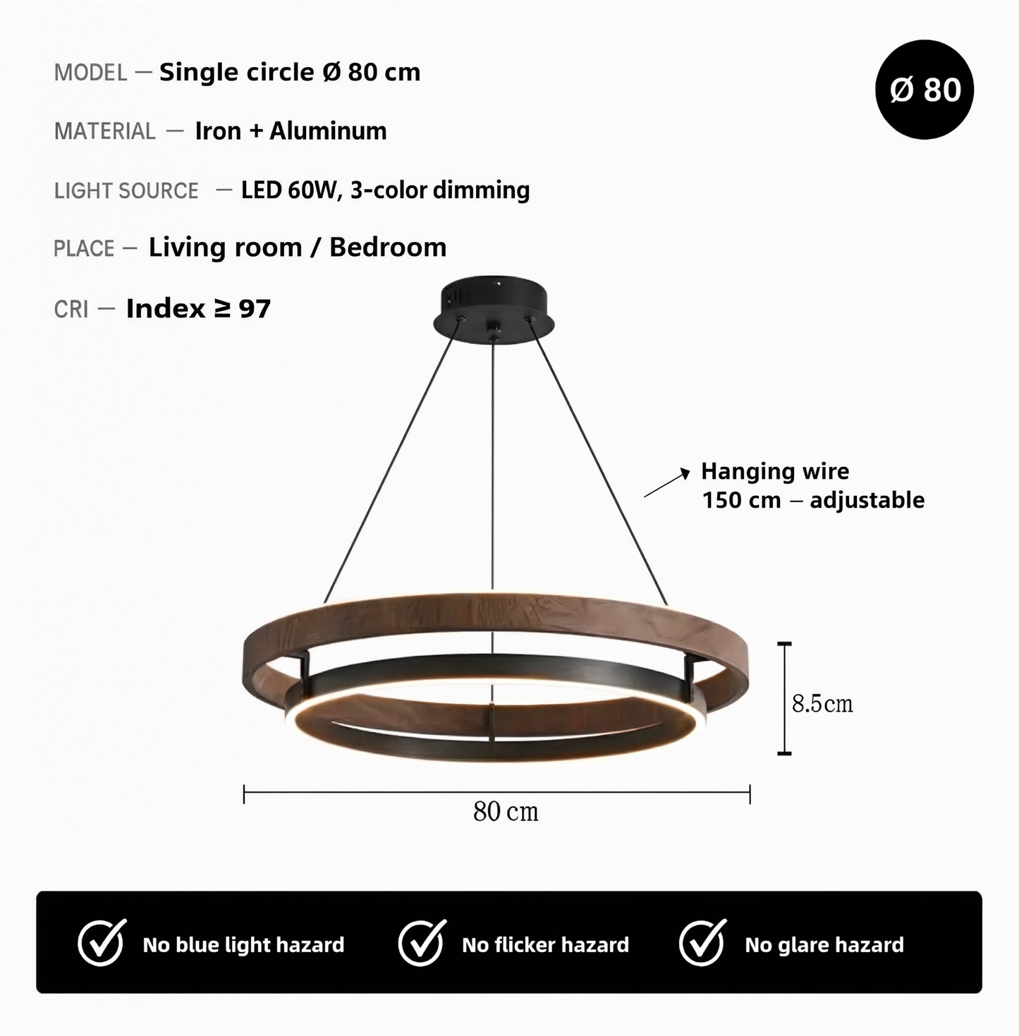 Italian Designer Walnut & Aluminium LED Pendant Light | Lunalight