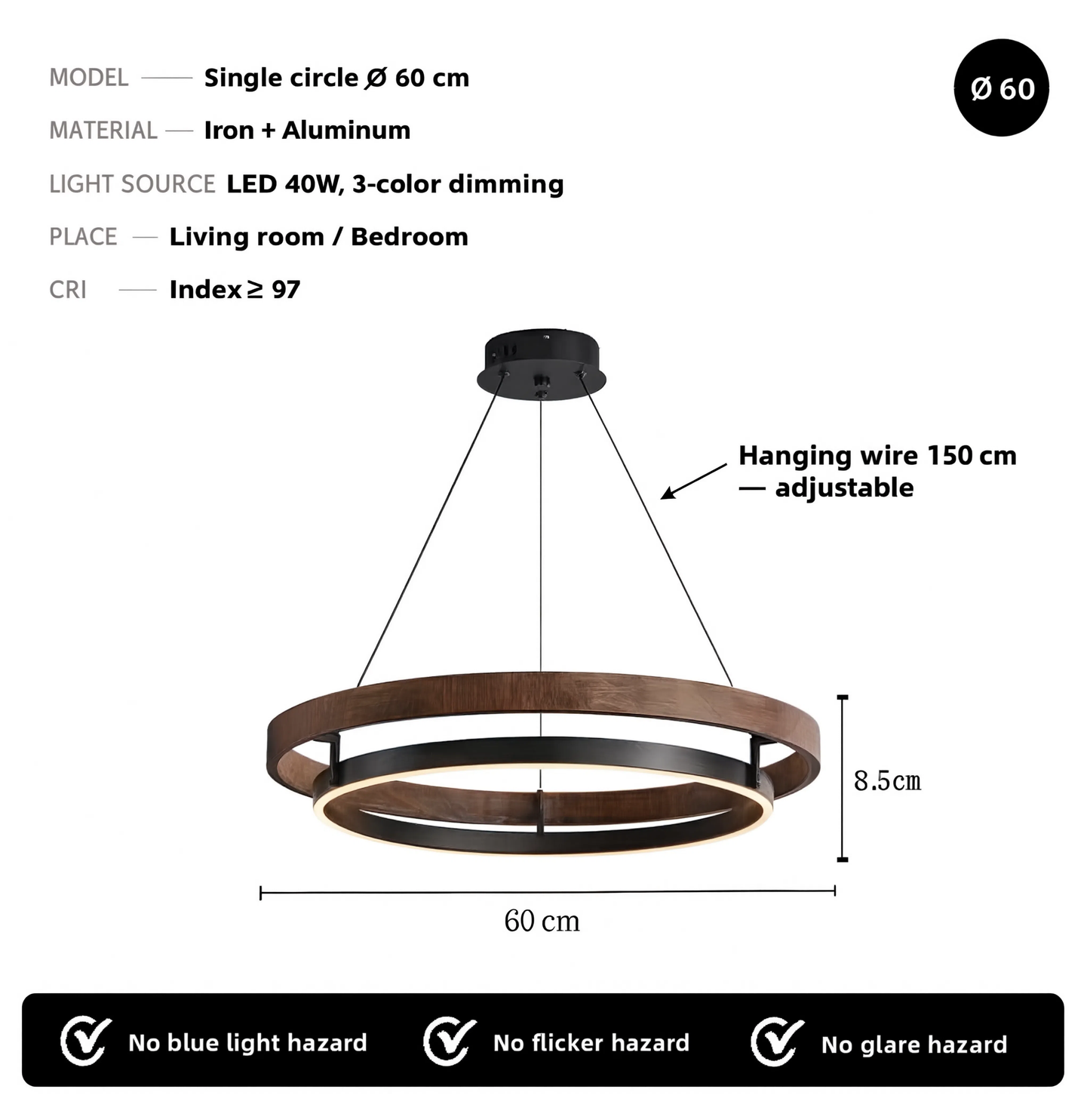 Italian Designer Walnut & Aluminium LED Pendant Light | Lunalight