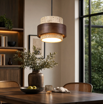 Travertine Stone and Walnut Pendant Light | Lunalight