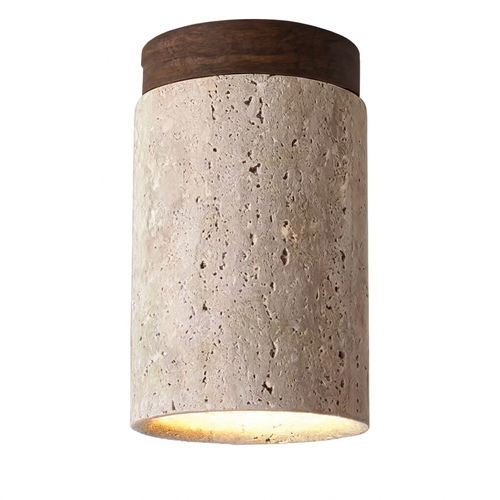 Travertine & Walnut Wood Tall Round Ceiling Light | Lunalight