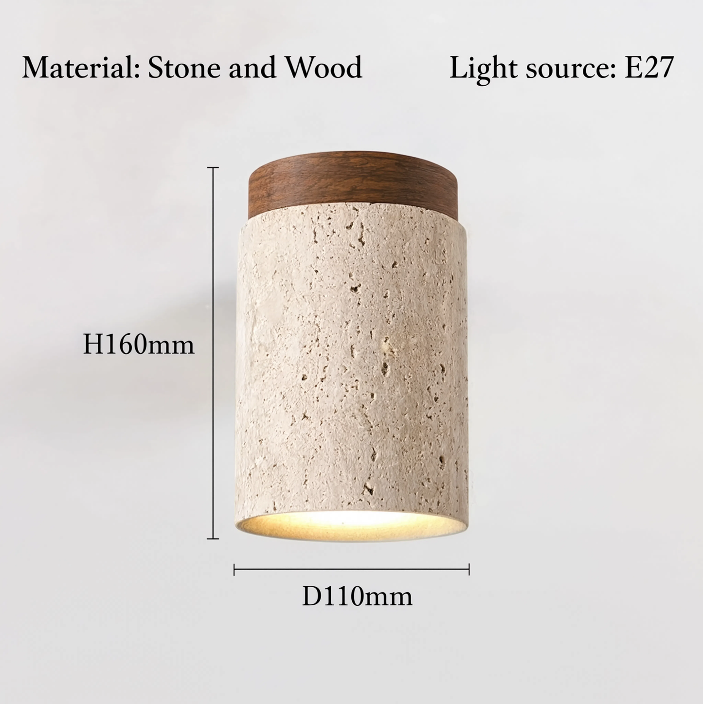 Travertine & Walnut Wood Tall Round Ceiling Light | Lunalight