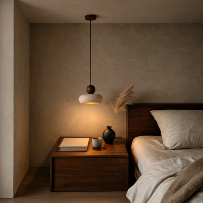 Travertine Stone & Wood Wabi-Sabi Pendant Light | Lunalight