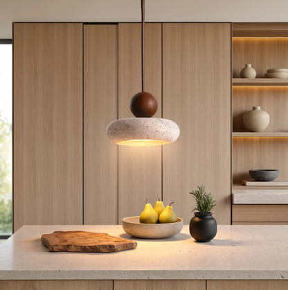 Travertine Stone & Wood Wabi-Sabi Pendant Light | Lunalight