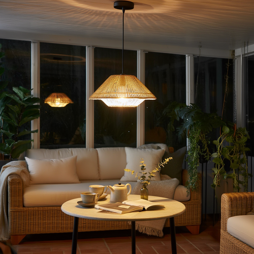 Rattan Farmhouse Cone Pendant Light