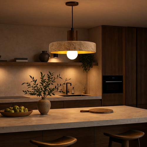 Wabi-Sabi Travertine Ring & Wood Base Pendant Light