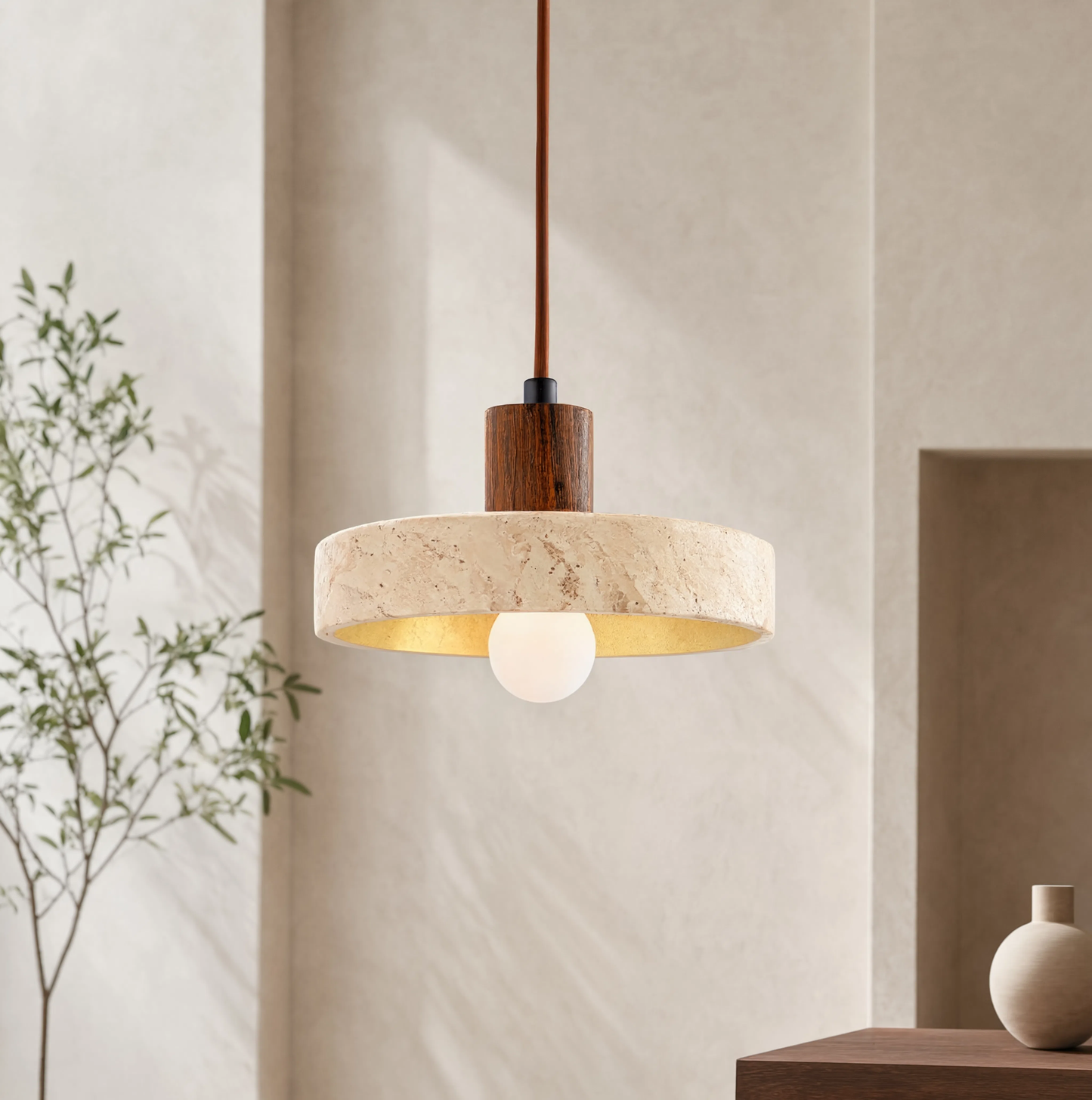 Wabi-Sabi Travertine Ring & Wood Base Pendant Light