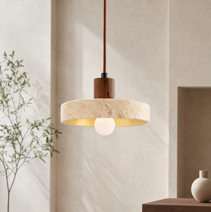 Wabi-Sabi Travertine Ring & Wood Base Pendant Light