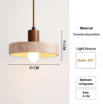 Wabi-Sabi Travertine Ring & Wood Base Pendant Light