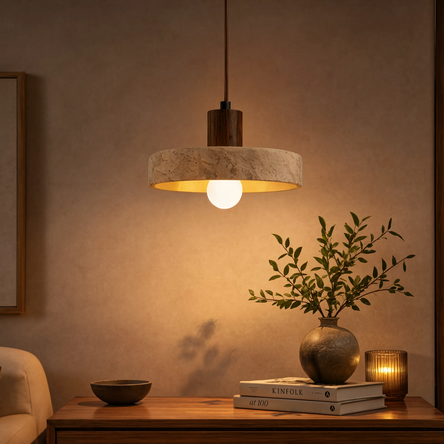 Wabi-Sabi Travertine Ring & Wood Base Pendant Light