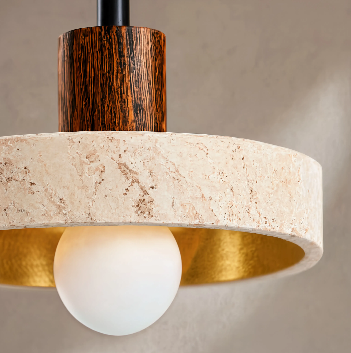 Wabi-Sabi Travertine Ring & Wood Base Pendant Light