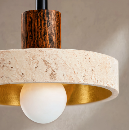 Wabi-Sabi Travertine Ring & Wood Base Pendant Light